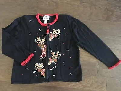 Buy Tiara Christmas Womens XL Zip Holiday Ugly Party Tacky Black Reindeer Sweater • 14.16£
