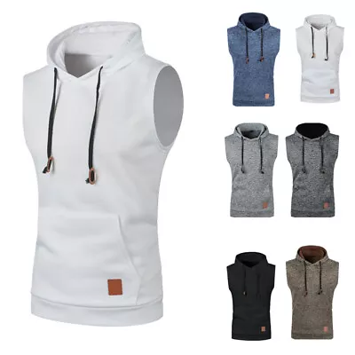 Buy Men Sports Hooded Casual T-Shirt Hoodie Vest Tank Top Pockets Sleeveless Fitness • 9.39£