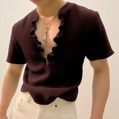 Buy UK Mens Deep V-Neck Ruffles Short Sleeve Solid Tops Party Casual T Shirt Blouse • 12.99£