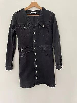 Buy Zara Denim Jacket Dress Long Sleeve Black Short Size Large Buttons Pockets • 14£