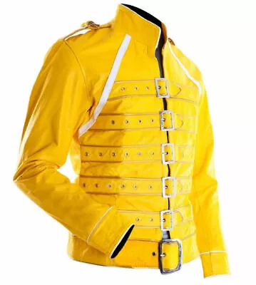 Buy Men's Yellow Live Strap Freddie Mercury Wembley Concert Biker Leather Jacket • 38.99£
