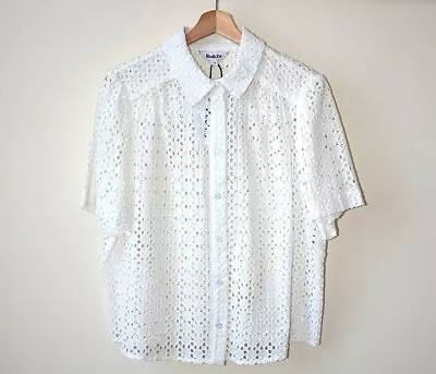 Buy Ex Ro&Zo Off White Broderie Collared Button Up 100% Cotton Boxy Shirt Size 14-20 • 15£