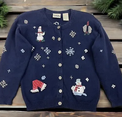 Buy VTG Northern Reflections Christmas Sweater Cardigan Holiday Navy Knit Snowmen S • 23.67£