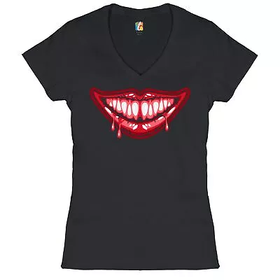 Buy Bloody Smile Women's V-Neck T-shirt Scary Creepy Halloween Fangs Tee • 19.90£