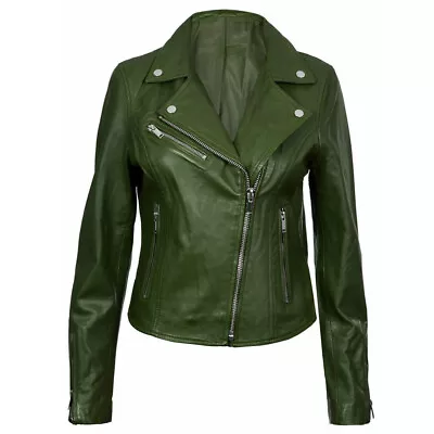 Buy Ladies Green Genuine Leather Designer Fashion Classic Biker Style Lambskinjacket • 79.88£