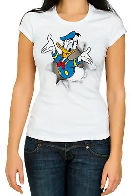 Buy Torn Effect Donald Duck Women's 3/4 Short Sleeve T-Shirt K831 • 9.69£