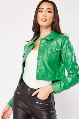 Buy Faux Leather Cropped Jacket Popper Button Womens Ladies Coat Outerwear • 5.95£