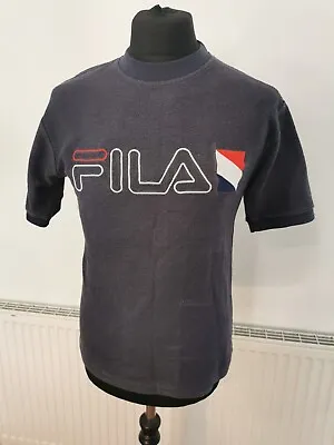 Buy FILA T-Shirt Flannel Heavy Jersey Medium Embroidered Spell Out Navy Size Small • 14£