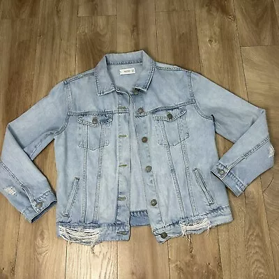 Buy Women’s Mango Oversized Denim Jacket One Size L Distressed Ripped Blue  • 9.99£