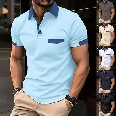 Buy Mens T Shirts Colorblock Polo Shirt Men Casual Short Sleeve Sport T-shirt • 10.99£
