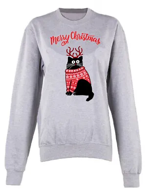 Buy Merry Christmas Cat Print Sweatshirt Long Sleeve Pullover Merry Christmas Jumper • 14.99£
