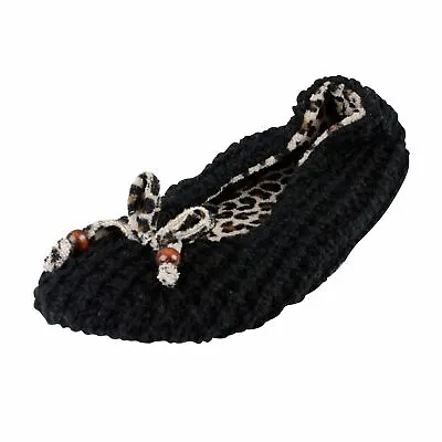 Buy Ladies Black Knitted Ballet Slippers New Soft Leopard Print Lining Non Slip Sole • 8.99£