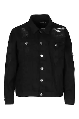 Buy Boohoo Black Denim Oversized Distressed Rip Denim Jacket 16 18 20 Goth Rock Plus • 9.99£