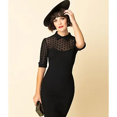 Buy Modcloth Collectif London Wednesday 50's Pencil Dress Swiss Dot Black Retro 2XL • 48.21£