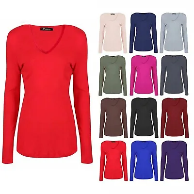 Buy Ladies Womens V Neck Long Sleeve Plain Slim Fit Basic Top Stretchy T-Shirt 8-26 • 7.49£