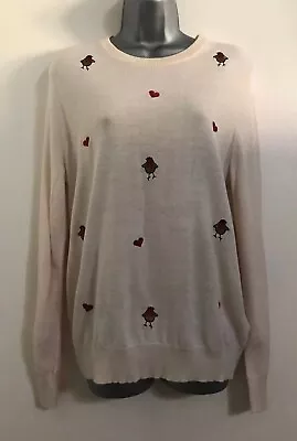 Buy RRP £25 Ex M&S Cream XMAS Bird Heart Print Fine Knitted Jumper Blouse Top M-XL • 10.99£