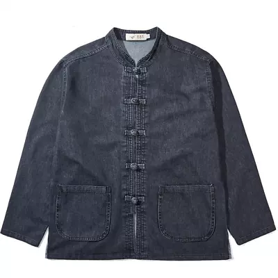 Buy Ethnic Men Denim Coat Jacket Outwear Tops Chinese Frog Button Stand Collar • 38.87£