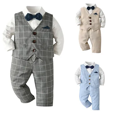Buy 3pcs Baby Boy Gentleman Bowtie Shirt Outfit Birthday Party Check Vest Pants Suit • 14.89£