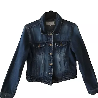 Buy Ladies Size 10 Blue Denim Cotton Faded And Frayed ,Collared Jacket Long Sleeve • 3.99£