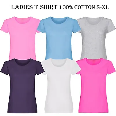 Buy Ladies Plain T-Shirts Cotton Women Crew Neck Coloured Fitted Tee Shirt Printable • 3.99£
