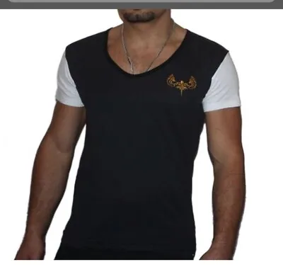 Buy New Mens Black & White Scoop Neck Deep T-shirt Size XS, S, M, L BNWT • 3.99£
