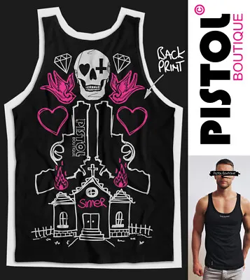 Buy Pistol Boutique Men's Black SINNER CHURCH SKULL Back Print Vest Top Singlet Tank • 25.19£
