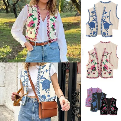 Buy Women's Boho Embroidery Waistcoat Short Cardigan Jacket Vintage Floral Vest Coat • 11.39£
