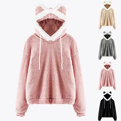 Buy Womens Cat Ears Teddy Bear Sweatshirt Fluffy Fleece Winter Jumper Hoodies Tops • 4.99£