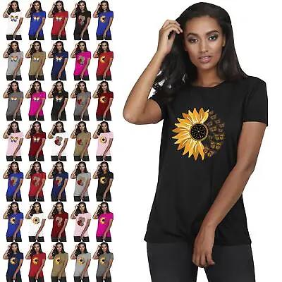 Buy Women Ladies Sunflower Butterfly Baggy Oversized Short Sleeve Round Neck TShirt • 4.99£