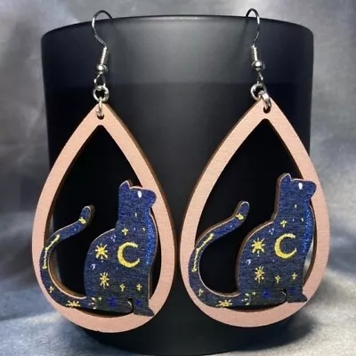Buy Handmade Silver Wood Star Moon Cat Earrings Gothic Gift Jewellery • 4.50£