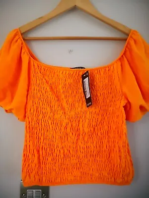 Buy BNWT BOOHOO Textured Volume Sleeve Shirred Cropped Top Tangerine/Orange In... • 8.99£