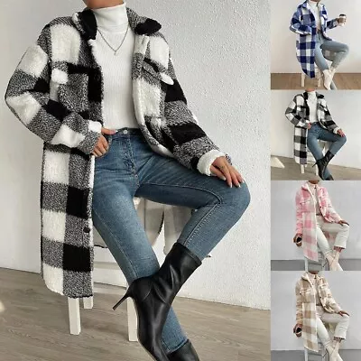 Buy Women's Plaid Check Jacket Cozy Shacket Trench Coat Warm Fleece Outwear • 31.70£