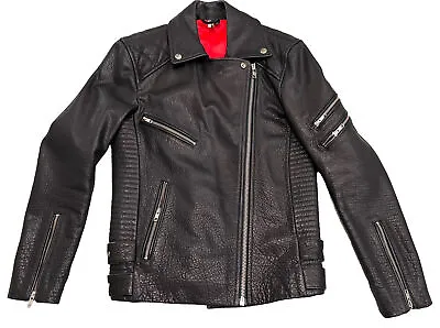Buy Women's Vintage TOPSHOP Black Leather Moto Biker Asymmetrical Zip S Jacket • 29.99£