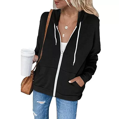 Buy Women Hoodie Full Zip-Up Long-Sleeved Lightweight Sweatshirt Pockets Jacket Coat • 17.06£