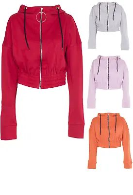 Buy Womens Ladies O-Ring Front Zip Crop Hoodie Plain Cropped Pullover Sweatshirt Top • 8.90£
