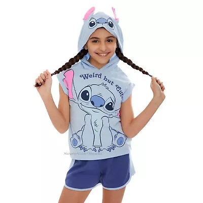 Buy Disney Lilo And Stitch Girls Hoodie Shirt Shorts Set Size 7 8 Medium Outfit NWT • 21.15£