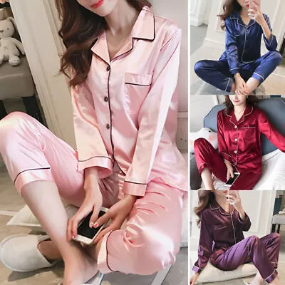 Buy Womens Plain Silk Satin Pyjamas Silky PJ'S Sets Long Sleeve Nightwear Loungewear • 19.49£