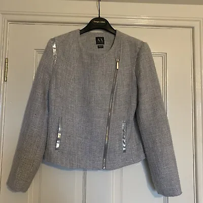 Buy Armani Silver Grey Tweed Biker Jacket Size M 8 10 • 24.99£