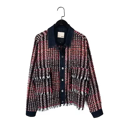 Buy Trend Captain Tortue Tweed Fringe Knit Multicoloured Denim Jacket - Size 14 • 25£