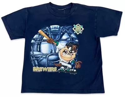 Buy Vintage 1999 Milwaukee Brewers Taz Looney Tunes MLB Baseball Shirt Youth L • 15.72£