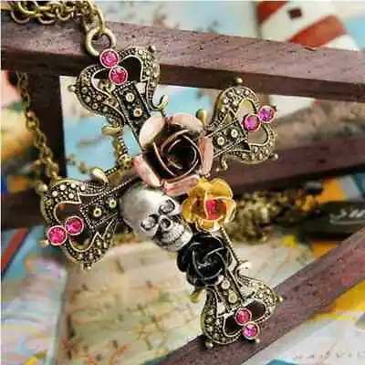 Buy Fashion Gothic Punk Skull Rose Cross Necklace Pendant Gift Jewelry Chain New • 3.49£