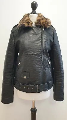 Buy W786 Womens New Look Black Faux Leather Fur Collar Biker Style Jacket Uk 10 • 19.99£