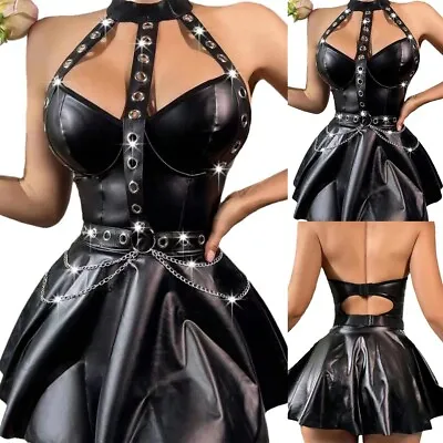 Buy Punk Style Rivet Dress Sexy Women's Wet Look Black PU Leather Clothing • 23.88£
