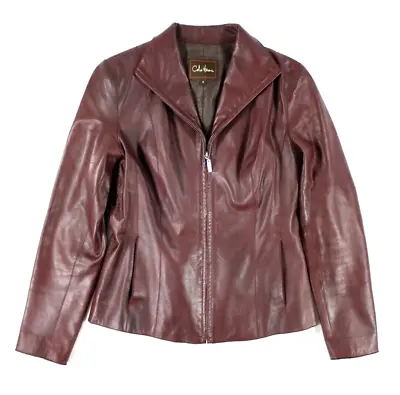 Buy Cole Haan Women's Lambskin Leather Scuba Moto Jacket Deep Berry Red Size 2 • 122.84£
