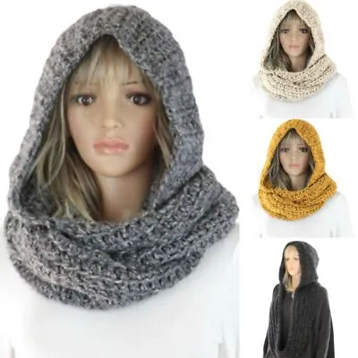 Buy Soft Hooded Scarf Polyester Wrap Circle Loop Neck Hooded Knitted Scarf  Women • 11.25£