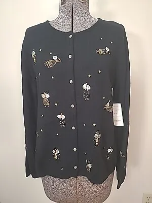 Buy NWT Susan Bristol ANGELS Black Embroidered Beaded Cardigan Sweater Size L • 23.68£