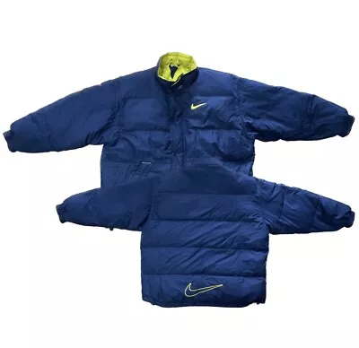 Buy Vintage 90s Nike Puffer Jacket Winter Coat Big Swoosh Navy Blue Mens Size XL • 44.99£
