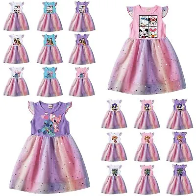 Buy Kids Girls Cartoon Characters Rainbow Mesh Dress Princess T-Shirt Tutu Dress UK • 7.65£