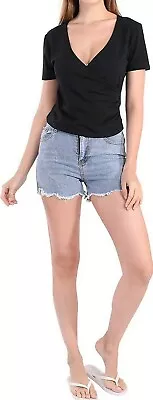 Buy Deep V Neck Cropped T Shirts Women Summer Sexy Cross Wrap Fashion Slim Casual  • 5.99£