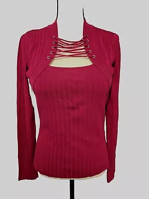 Buy Pink Lace Up Stretch Knit Sweater Ribbed Long Sleeve Womens Small Rose Pink Top • 13.23£